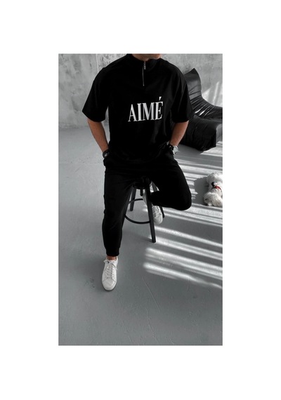 Erkek Tişört Yakalı Yarım Fermuarlı Kısa Kol Baskılı T-shirt - Siyah