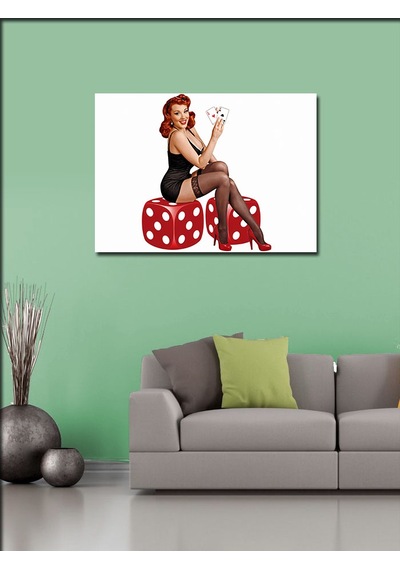 Kanvas Tablo Kırmızı Zar Üzerinde Oturan Pin-up Kız