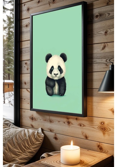 Sevimli Yavru Panda Portresi Çerçeveli Tablo - Bebek Ve Çocuk Odası Modern Hayvan Duvar Dekoru Siyah