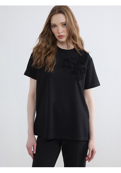 Lcw Modest Siyah Nakışlı Soft Touch Kadın Tunik