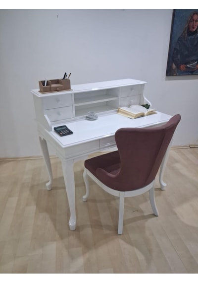 Çalışma Masa Sandalye 90659 Model Parlak Beyaz Lake Boyalı Masa Gökyüzü Sandalye Beyaz