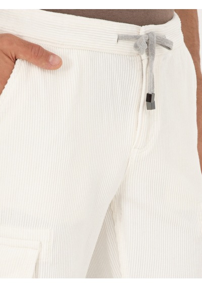 Cacharel Beyaz Straight Fit Kadife Kargo Cepli %100 Pamuk Kanvas Pantolon