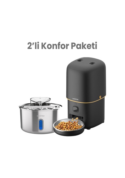 Haustier Hst-pf05 Siyah Akıllı Mama Kabı, Hst-wf009l-w Kedi Su Sebili 2 Li Kameralı Set Haustier Türkiye Garantili