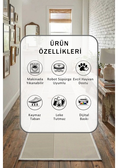 Salon Mutfak Yatak Odası Dijital Baskı Yolluk Yıkanabilir Yollu 9 Bej