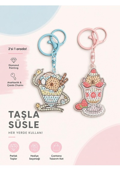 5d Elmas Taş İşlemeli Anahtarlık & Çanta Charmı 2'li Set 5x6 Cm Diamond Painting Keychain & Bag Charm Bkbt17861