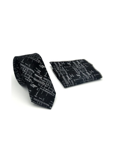 Gaffy Beyaz Kırcıl Desenli Siyah Dokuma Kumaş Mendilli Slim Fit Kravat // Sdk-2611-1 Siyah