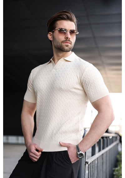 Madmext Taş Rengi Slim Fit Polo Yaka Triko Erkek Tişört E7472 Taş Rengi