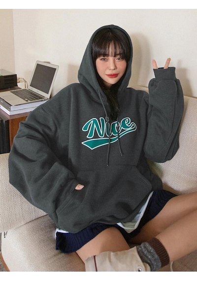 Nice Sweatshirt - Füme Baskılı Oversize Kapüşonlu Füme