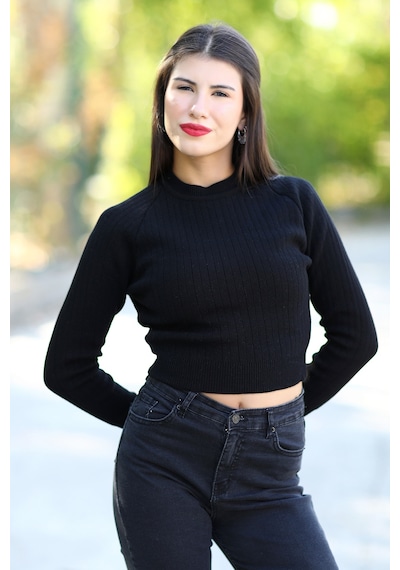 Giysa Kadın Siyah Fitilli Crop Triko Kazak Kısa Model Akrilik Kumaş Ribanalı - 3122 Siyah