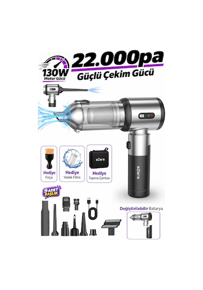 Ezere Duoforcevac 22000pa Güçlü Portatif Taşınabilir Vakumlu Kablosuz Üflemeli Mini Araç Süpürgesi
