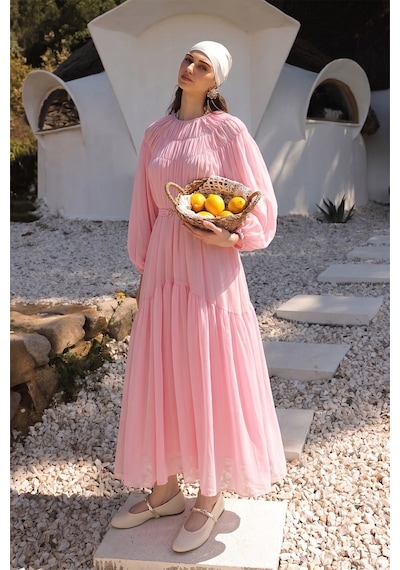 Olcay Büzgü Detaylı Balon Kol Şifon Elbise Pembe 9461-e