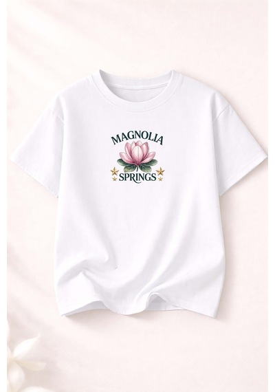 Herkesemoda Magnolia Springs Baskı Detaylı Kadın Bisiklet Yaka Pamuklu T-shirt Beyaz