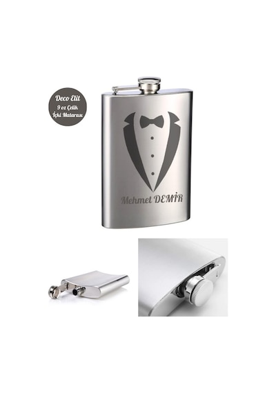 Kişiye Özel Smokin Damat Temalı 9 Oz Çelik Cep Matarası 266 Ml Sevgiliye Hediye Gümüş