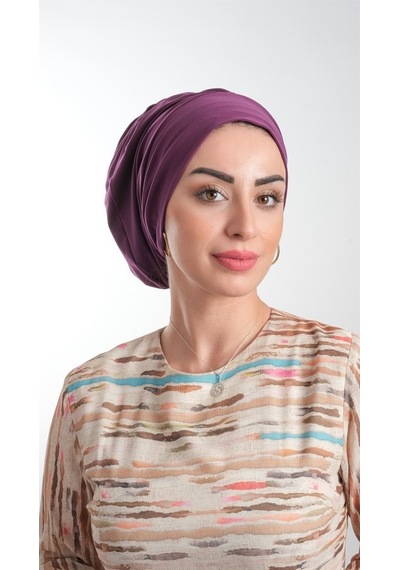 Hürrem Bone Mürdüm Pratik Hazır Geçmeli Tesettür Bone Sandy Kumaş Büzgülü 211 Mürdüm