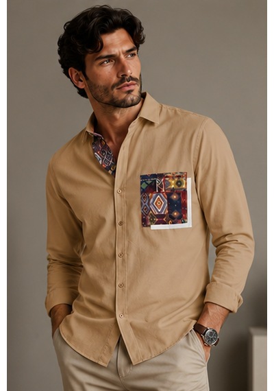 Serseri Jeans Erkek Uzun Kollu Çift Etnik Detaylı Desenli Cep Detaylı Pamuklu Rahat Kalıp Casual Gömlek Bej
