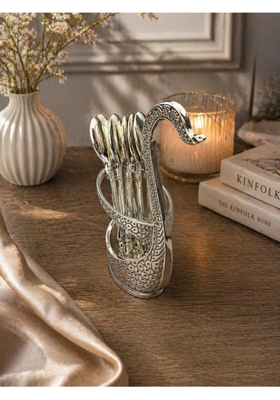 Kaşıklık Seti 6 Lı Metal Kaşık Standı Dekoratif Çay Kaşığı Seti Kuğu Tasarımlı 12 Cm Kaşık 15 Cm Stand Gri