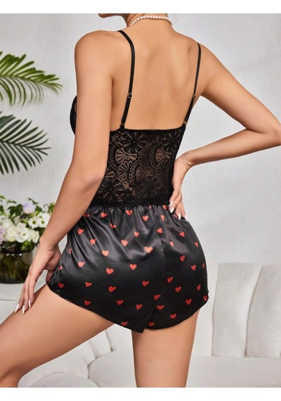 Kadın Siyah Kırmızı Kalp Desenli Saten Şort Pijama Takımı 2232 Siyah