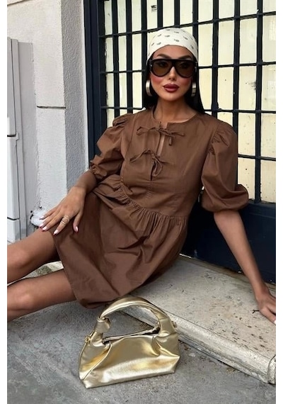 Defymoda Önü Fiyonk Bağlamalı Ve Balon Kollu Elbise 2893 Kahverengi