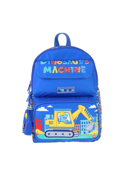 Kaukko Kids Erkek Çocuk Dinazor Ve İş Makinesi Baskılı Okul Çantası - Mavi - Sarı - Mechanic - L5369 Çok Renkli