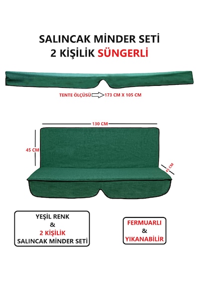 Salıncak Minder Seti Tenteli Yeşil 2 Kişilik Süngerli 130x45 Yeşil