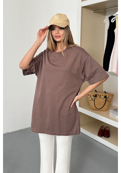 Giysa Kadın Bisiklet Yaka Oversize %100 Pamuklu Basic T-shirt Açık Kahverengi - 26y 26501 Açık Kahverengi