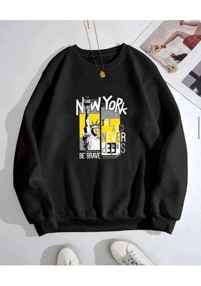 Startmore Siyah Oversize Kapşonsuz 0 Yaka Newyork Baskılı Pamuklu Unisex Sweatshirt Siyah