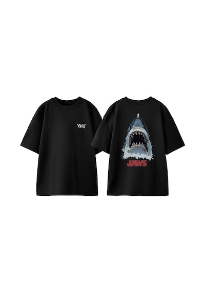 Thewert Jaws 2 Tasarım Sırt Baskılı Pamuk Siyah Oversize T-shirt
