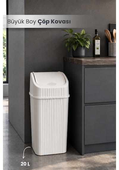 20 Litre Pratik Kapaklı Mutfak Çöp Kovası Büyük Boy Banyo Çöp Kovası Beyaz