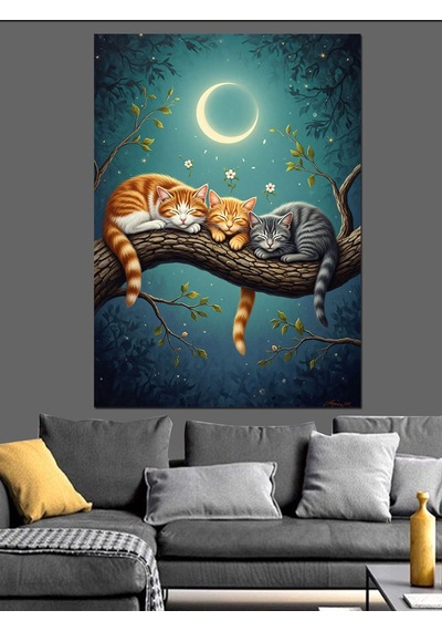 Ahşap Tablo Dalda Uyuyan İki Küçük Kedi