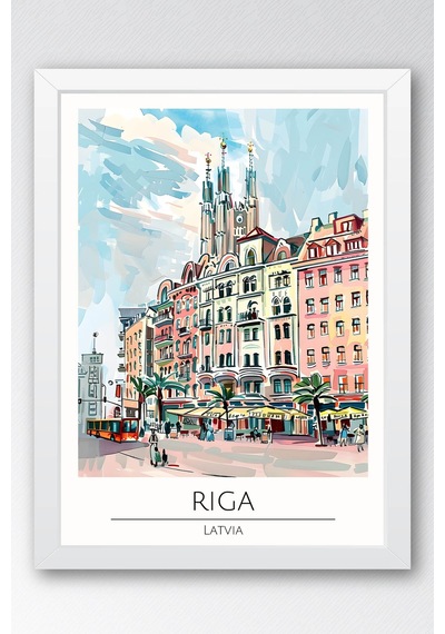 Letonya Riga Temalı Çerçeveli Tablo Travel Serisi Modern İllüstrasyon Şehir Duvar Dekoru Beyaz