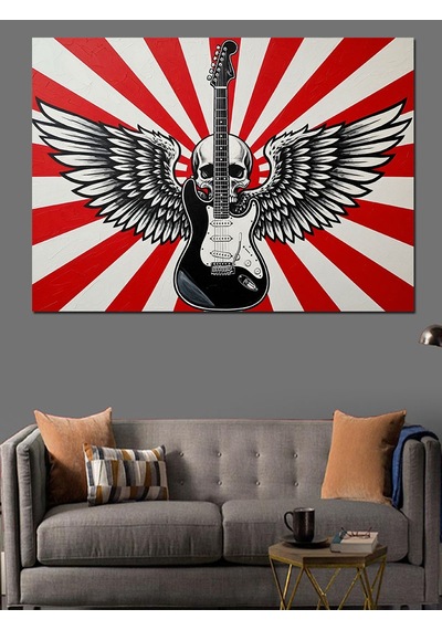 Kanatlı Kurukafa Ve Elektrogitar Görselli Retro Arka Fonlu Afiş Dekoratif Kanvas - Mdf Ahşap Tablo