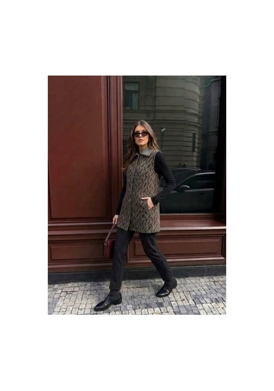 Onno Style Women Desenli Çelik Örgü Uzun Triko Kadın Yelek Kaban Gri