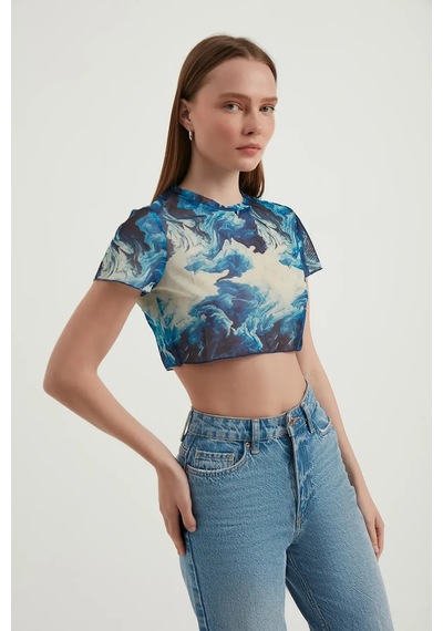 Hiccup Soyut Tül Crop Top Maya Mavisi