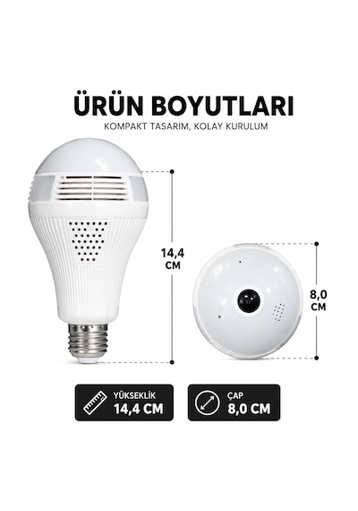 360 Panoramik Ampul Kamera E27 Duy Girişli Led Wifi Ip Kamera V380 Pro Türkçe Uygulama Destekli