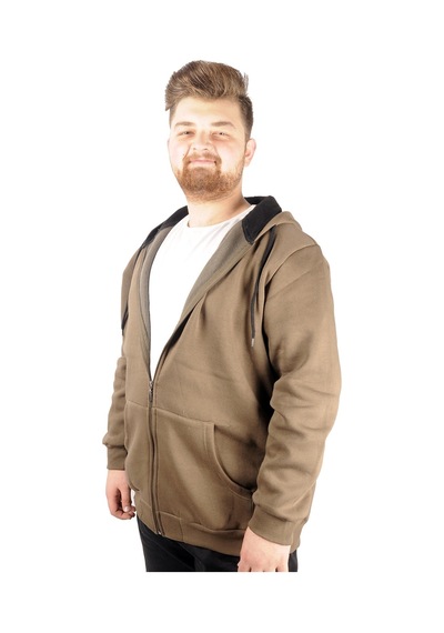 Mode Xl Erkek Sweatshirt Kapşonlu Zippered Basic 20543 Haki 001
