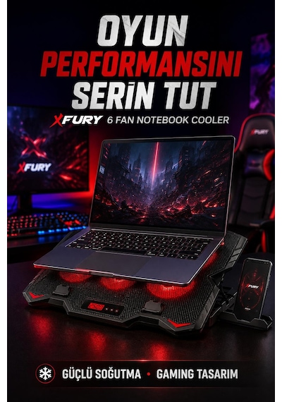 Fury E-sport Laptop Soğutucu 6 Fanlı Lcd Kontrol Panel Ayarlanabilir Dizüstü Bilgisayar Soğutma Fanı