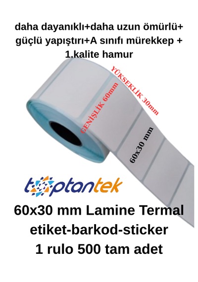 Barkod Etiket Sticker 60x30 Mm Lamine Termal Etiket 1 Rulo 500 Tam Adet 1