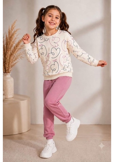 Pina Kids Kız Çocuk Kalpli Desenli Okul Günlük Eşofman Takımı Esf7035 Pudra