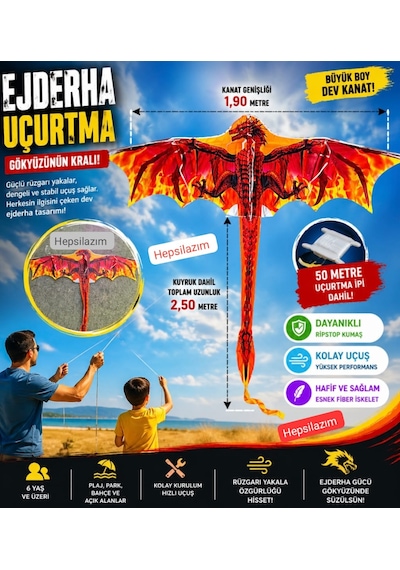 Dragon Oyuncak Uçurtma Büyük Ejderha Alev Desenli 1.55x1.82cm Kolay Uçan