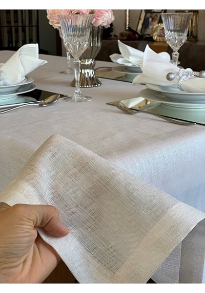 Valerium Simli Kırık Beyaz Masa Örtüsü 150 X 220 Kırmızı - Beyaz