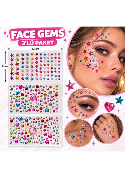 3 Adet Birden Yapışkanlı Yüz Taşı Face Gems Taşlı Yüz Ve Vücut Süsü