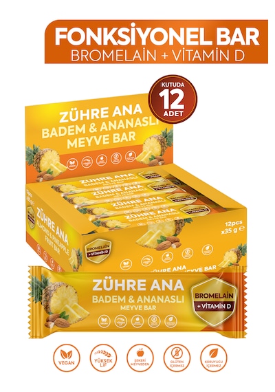 Bromelain Ve Vitamin D İçeren Meyve Bar, Şeker İlavesiz Badem Ve Ananaslı 35 Gr X 12 Adet