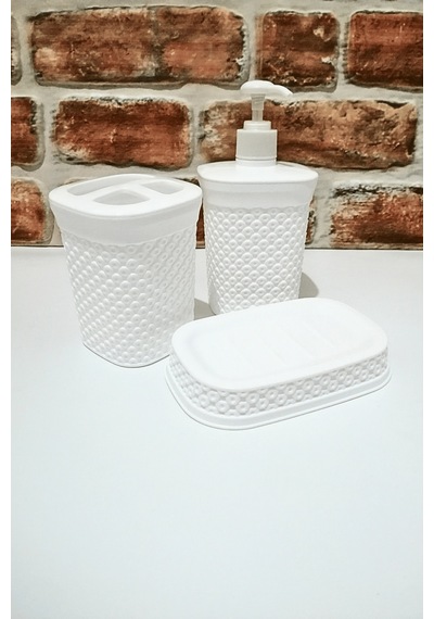 Plastik Sıvı Sabunluk -diş Fırçalık-katı Sabunluk 3 Lü Banyo Seti-beyaz Renk Beyaz