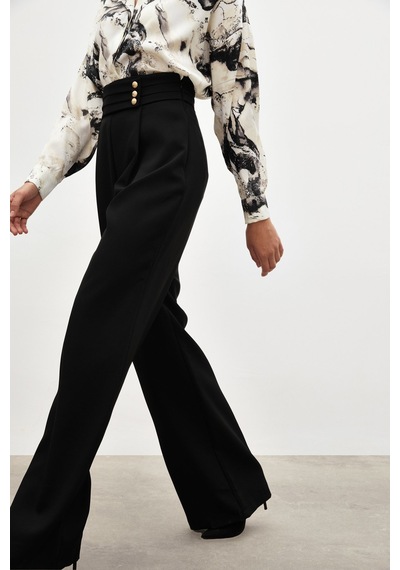 Sateen Bel Detaylı Pantolon - Siyah