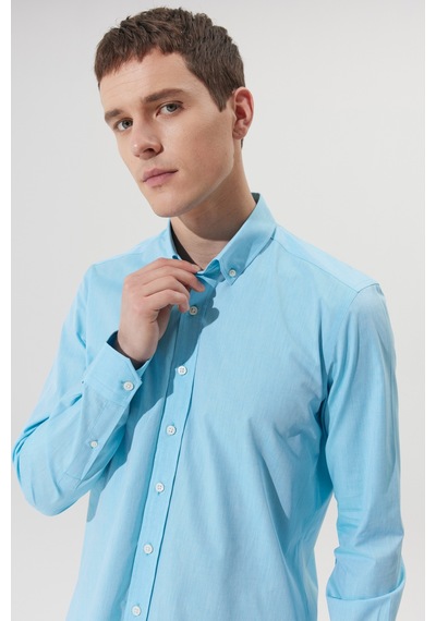 Erkek Turkuaz Slim Fit Dar Kesim %100 Pamuk Düğmeli Yaka Desenli Gömlek Turkuaz
