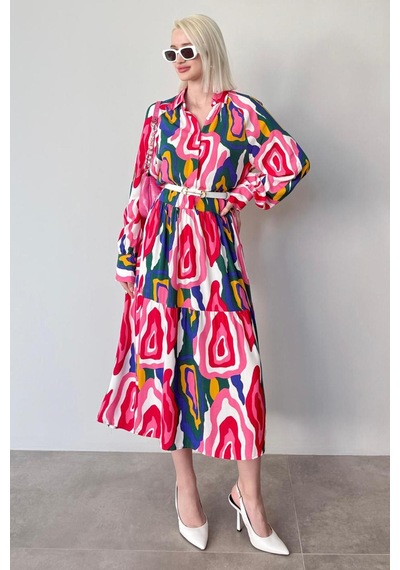 Madmext Pembe Uzun Kollu Düğmeli Desenli Elbise Mg2430 Pembe
