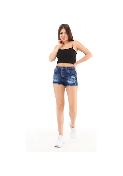Cedy Denim Kadın Yüksek Bel Yırtlıklı Ve Yıpratmalı Paçası Püsküllü Kot Şort Mini Jean Şort C603 Lacivert