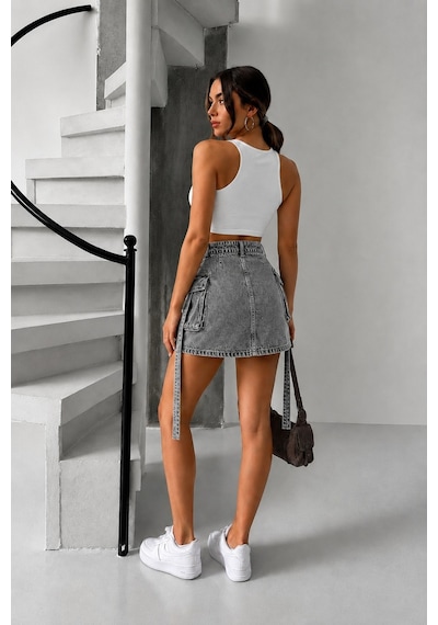 Bluemarlin Kar Siyah Kargo Cep Kuşaklı Denim Kot Etek Kar Siyah