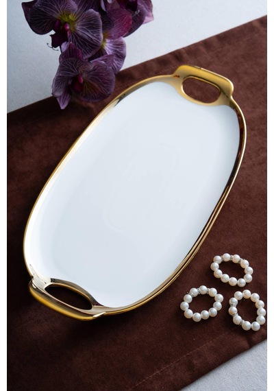 Acar Arven Oval Gold Sunum Tepsisi - 41 Cm Beyaz