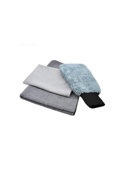 Wonkey - Mikrofiber Oto Yıkama Temizleme Seti Araç Kurulama Havlusu + Otomobil Cam Bezi + Araba Yıkama Eldiveni Paketi, Profesyonel Araç Bakım Seti 3'lü Set Açık Indigo